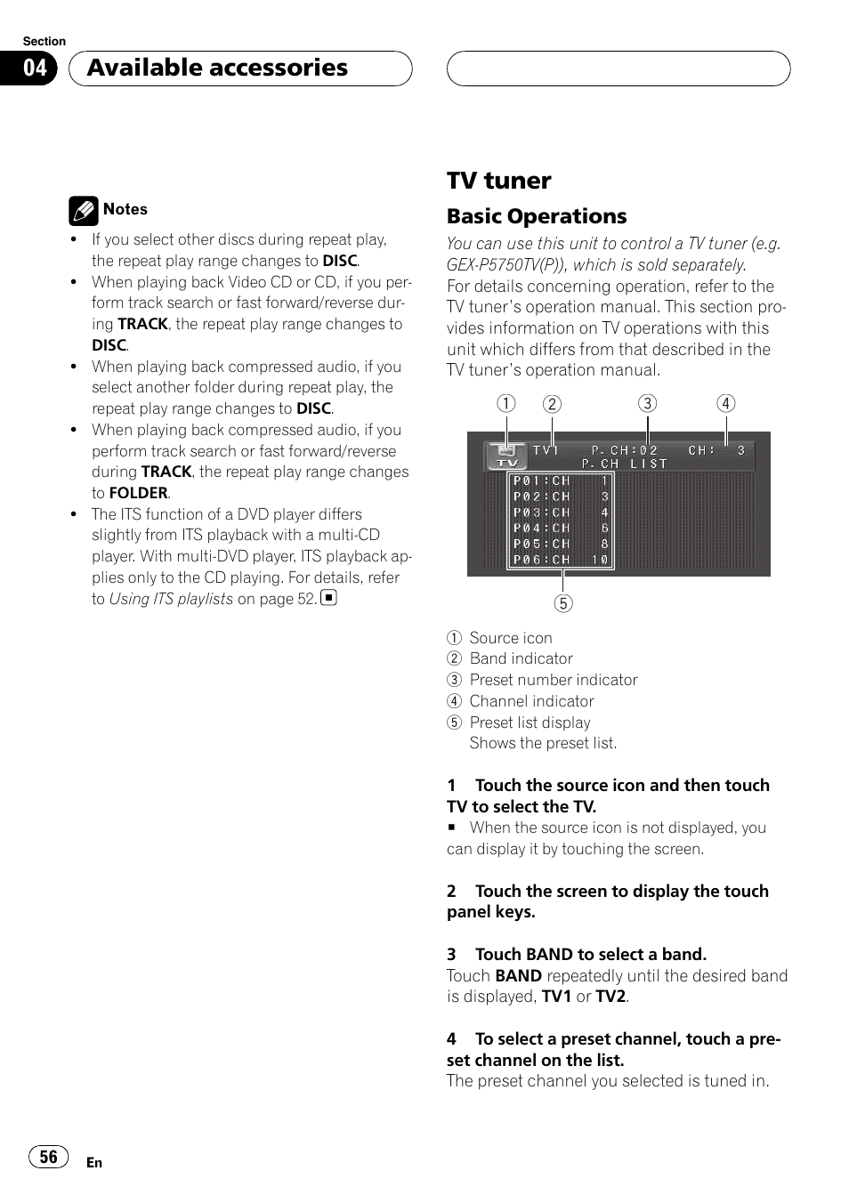 Tv tuner, Available accessories, Basic operations | Pioneer Super Tuner III D AVH-P4950DVD User Manual | Page 56 / 85
