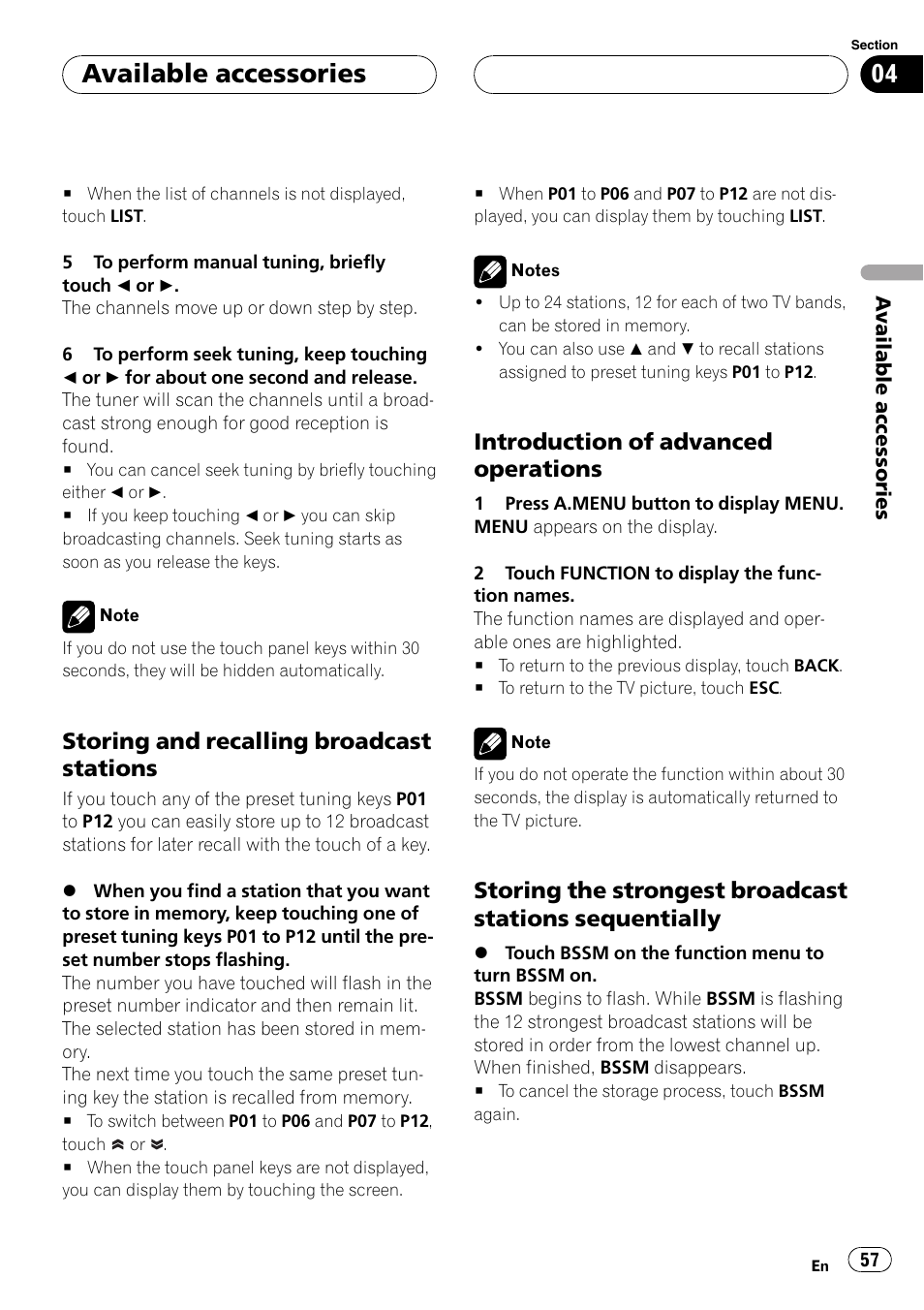 Available accessories, Storing and recalling broadcast stations, Introduction of advanced operations | Pioneer Super Tuner III D AVH-P4950DVD User Manual | Page 57 / 85