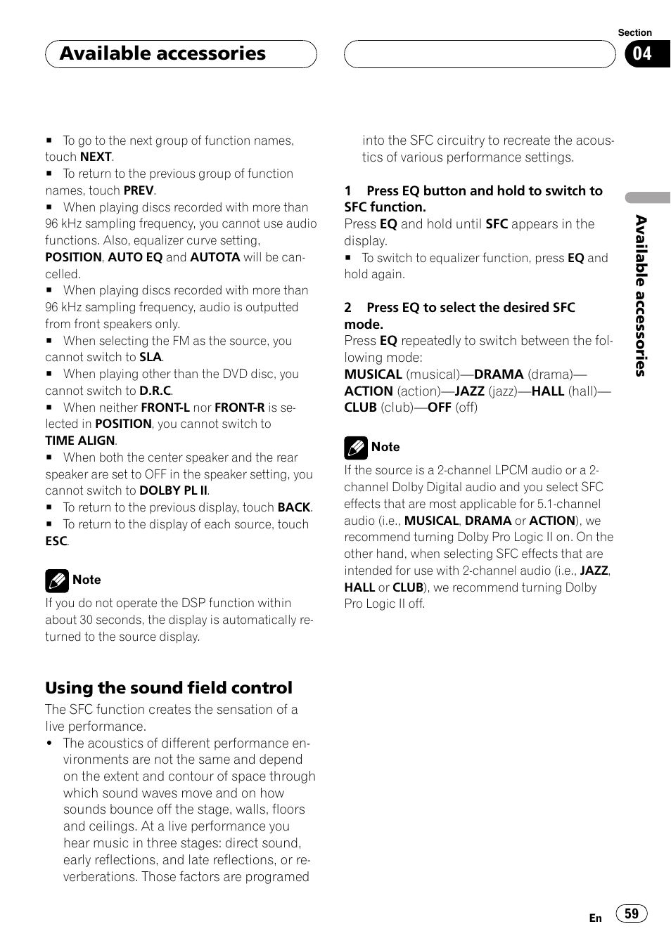 Available accessories, Using the sound field control | Pioneer Super Tuner III D AVH-P4950DVD User Manual | Page 59 / 85