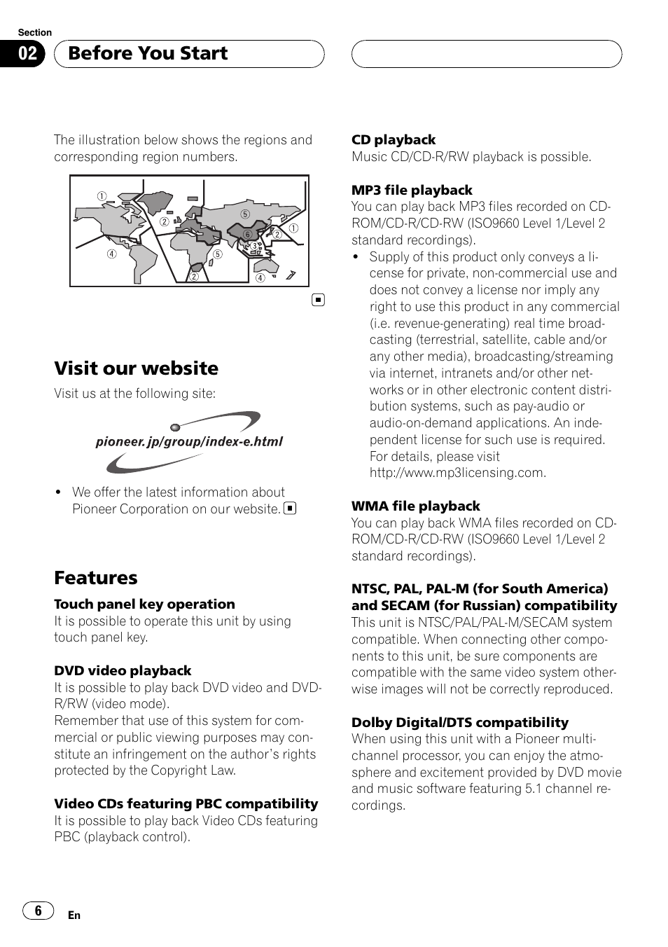 Visit our website, Features, Before you start | Pioneer Super Tuner III D AVH-P4950DVD User Manual | Page 6 / 85