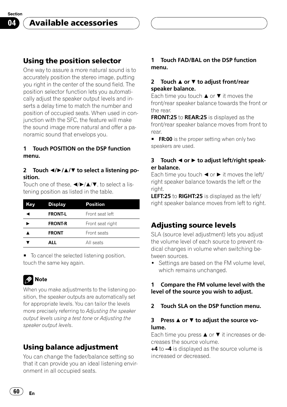 Using the position selector, Available accessories, Using balance adjustment | Adjusting source levels | Pioneer Super Tuner III D AVH-P4950DVD User Manual | Page 60 / 85