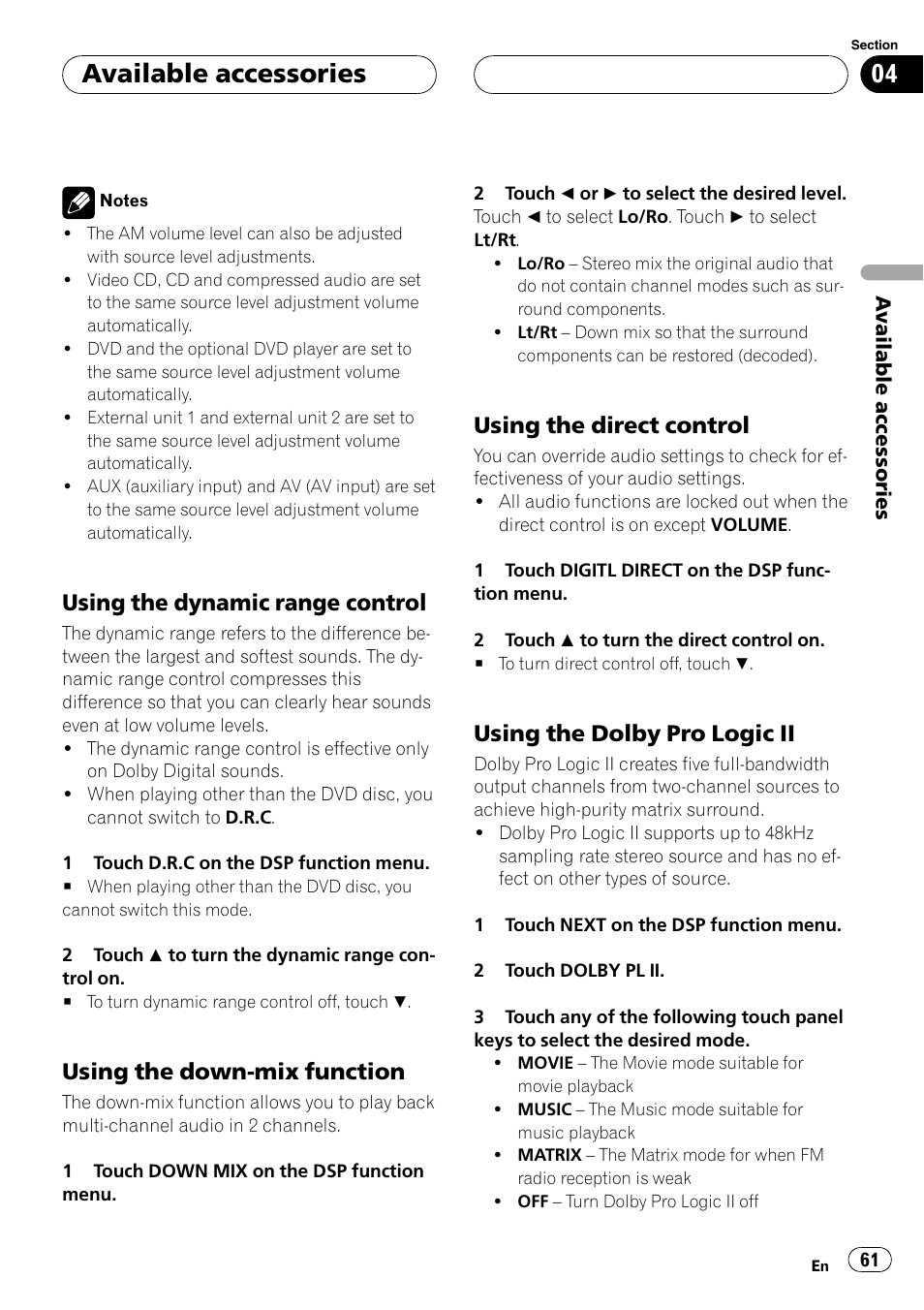 Available accessories, Using the dynamic range control, Using the down-mix function | Using the direct control, Using the dolby pro logic ii | Pioneer Super Tuner III D AVH-P4950DVD User Manual | Page 61 / 85