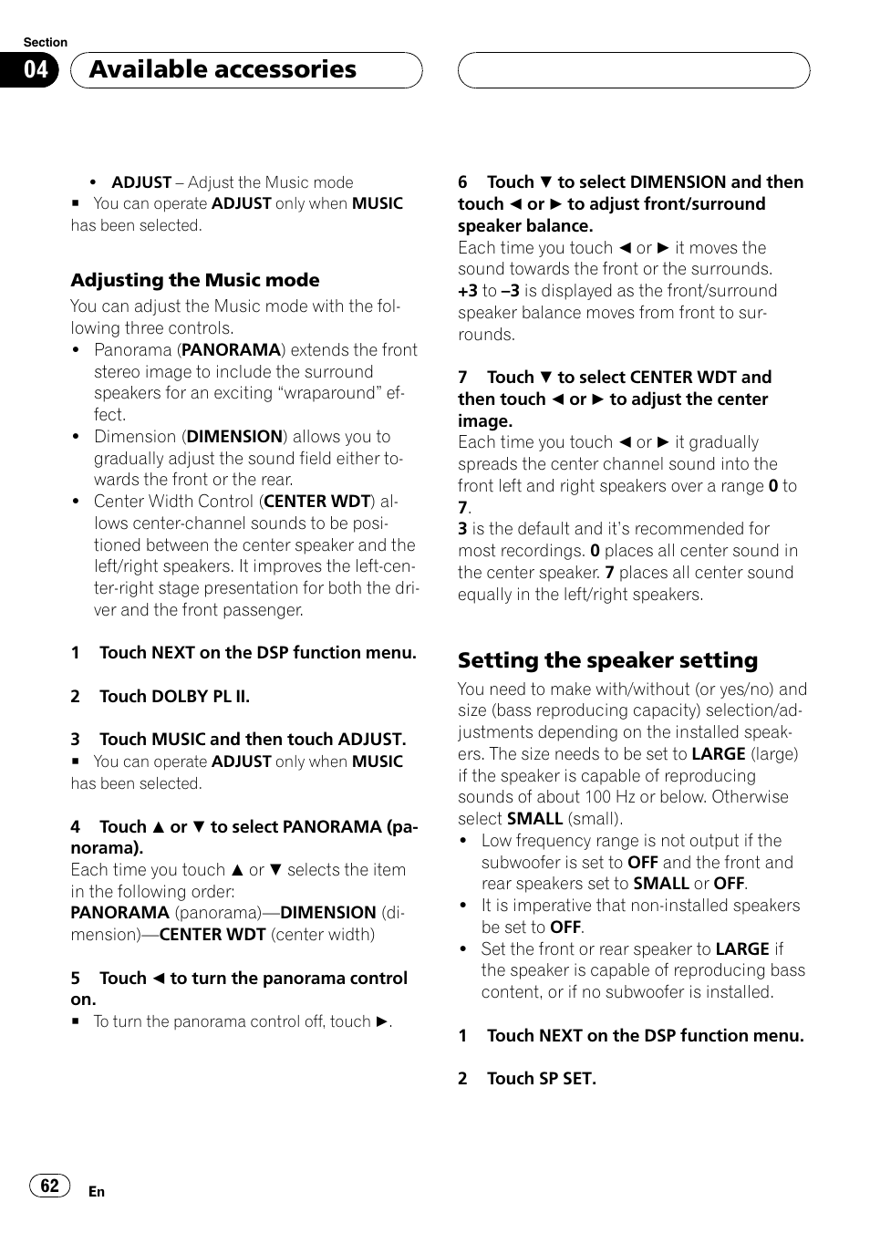 Setting the speaker setting, Available accessories | Pioneer Super Tuner III D AVH-P4950DVD User Manual | Page 62 / 85