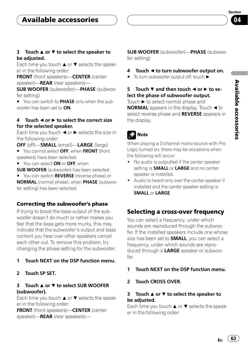 Selecting a cross-over frequency, Available accessories | Pioneer Super Tuner III D AVH-P4950DVD User Manual | Page 63 / 85