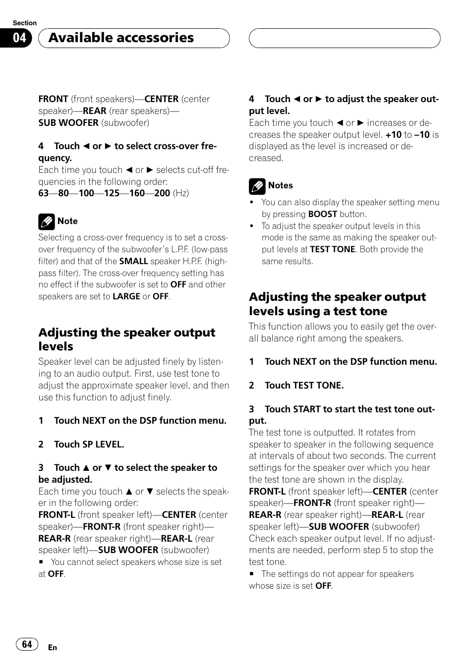 Adjusting the speaker output levels, Available accessories | Pioneer Super Tuner III D AVH-P4950DVD User Manual | Page 64 / 85