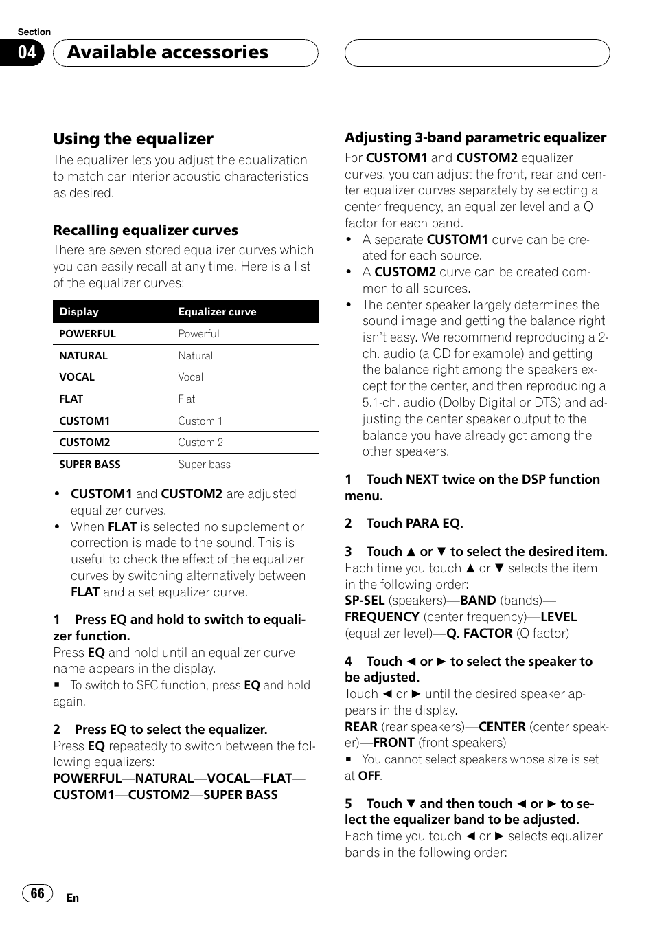 Adjusting 3-band parametric equalizer, Available accessories, Using the equalizer | Pioneer Super Tuner III D AVH-P4950DVD User Manual | Page 66 / 85