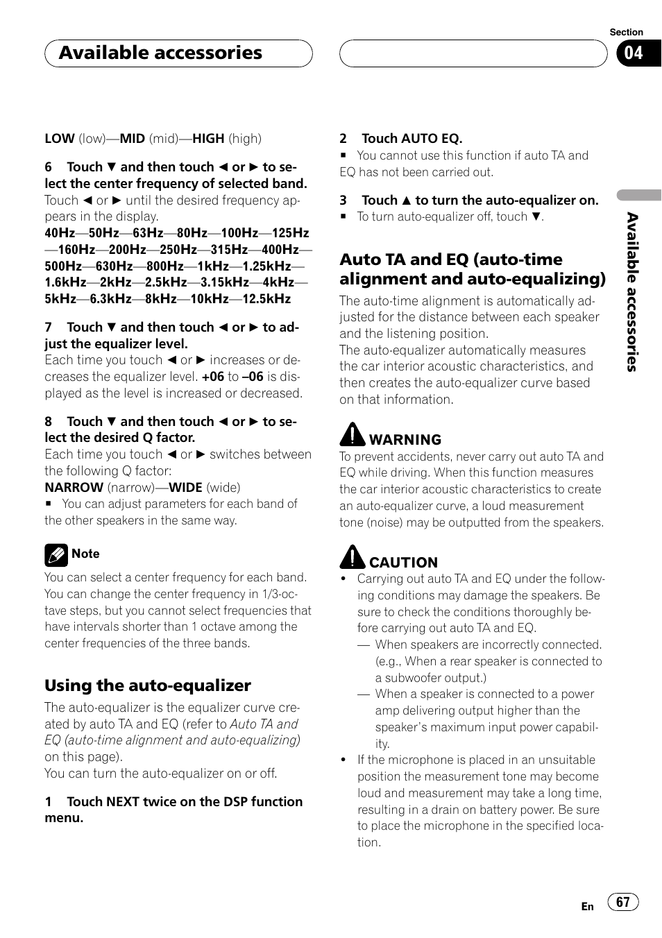 Available accessories, Using the auto-equalizer | Pioneer Super Tuner III D AVH-P4950DVD User Manual | Page 67 / 85