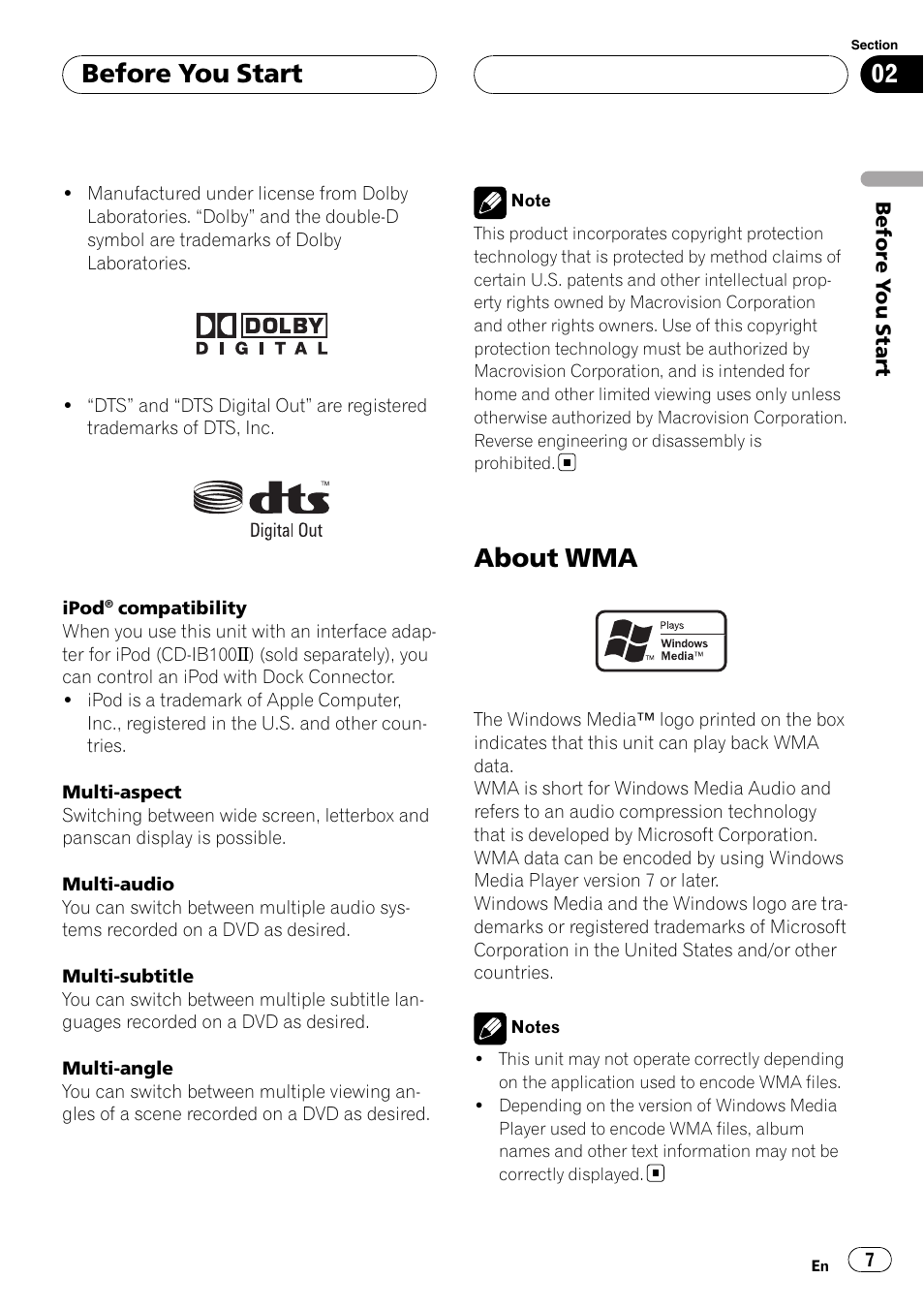 About wma, Before you start | Pioneer Super Tuner III D AVH-P4950DVD User Manual | Page 7 / 85