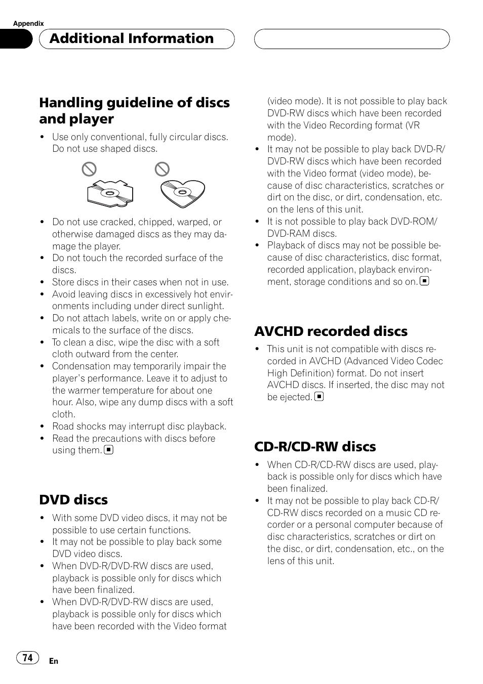 Handling guideline of discs and player, Dvd discs, Avchd recorded discs | Cd-r/cd-rw discs, Additional information | Pioneer Super Tuner III D AVH-P4950DVD User Manual | Page 74 / 85