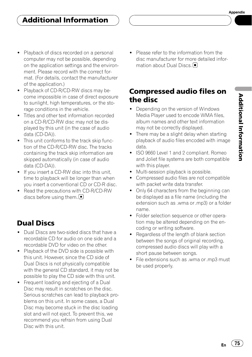 Dual discs, Compressed audio files on the disc, Additional information | Pioneer Super Tuner III D AVH-P4950DVD User Manual | Page 75 / 85