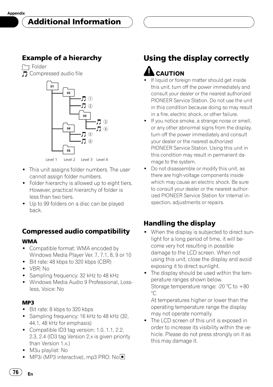 Using the display correctly, Additional information, Example of a hierarchy | Compressed audio compatibility, Handling the display | Pioneer Super Tuner III D AVH-P4950DVD User Manual | Page 76 / 85