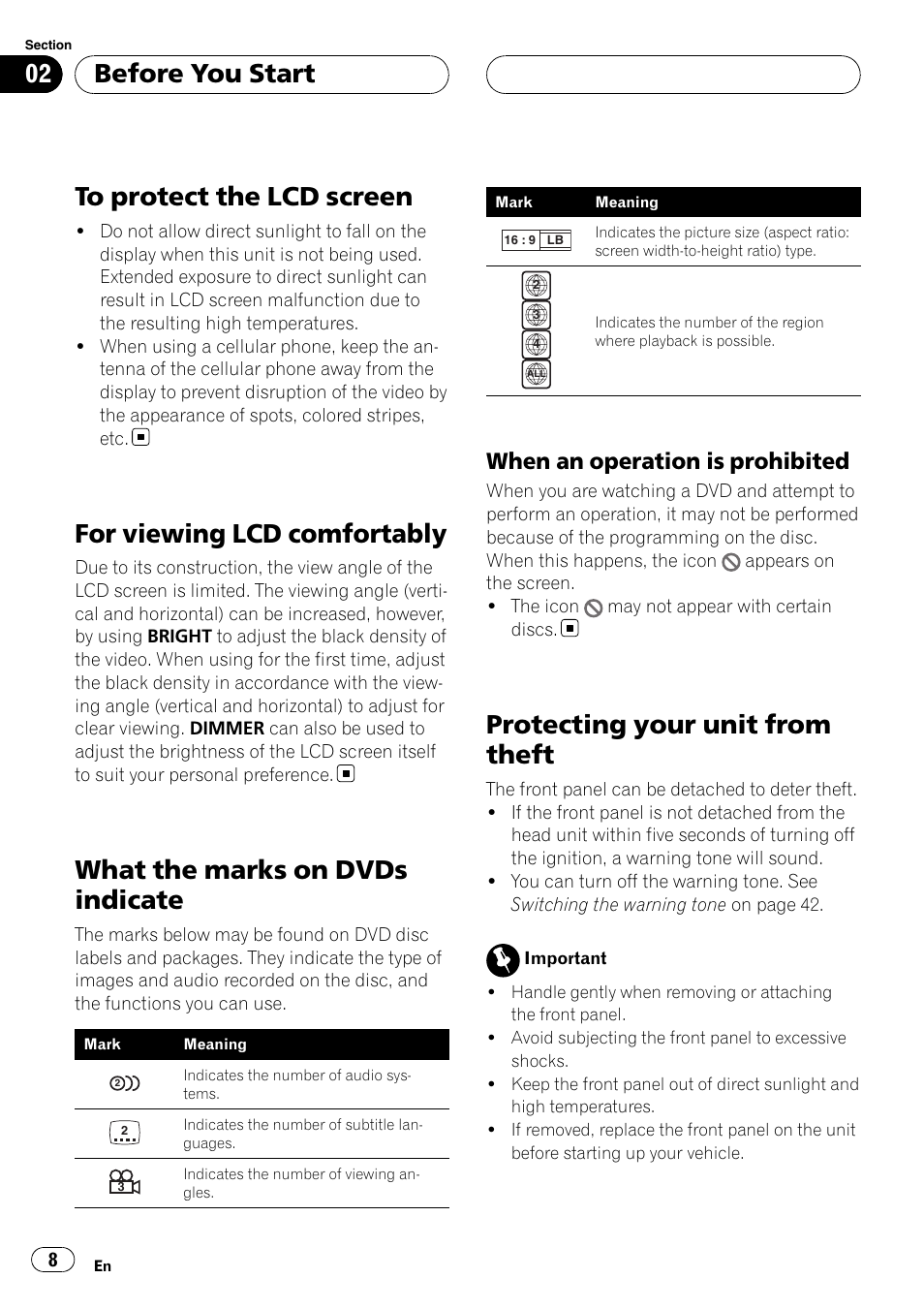 When an operation is prohibited 8, To protect the lcd screen, For viewing lcd comfortably | What the marks on dvds indicate, Protecting your unit from theft, Before you start, When an operation is prohibited | Pioneer Super Tuner III D AVH-P4950DVD User Manual | Page 8 / 85