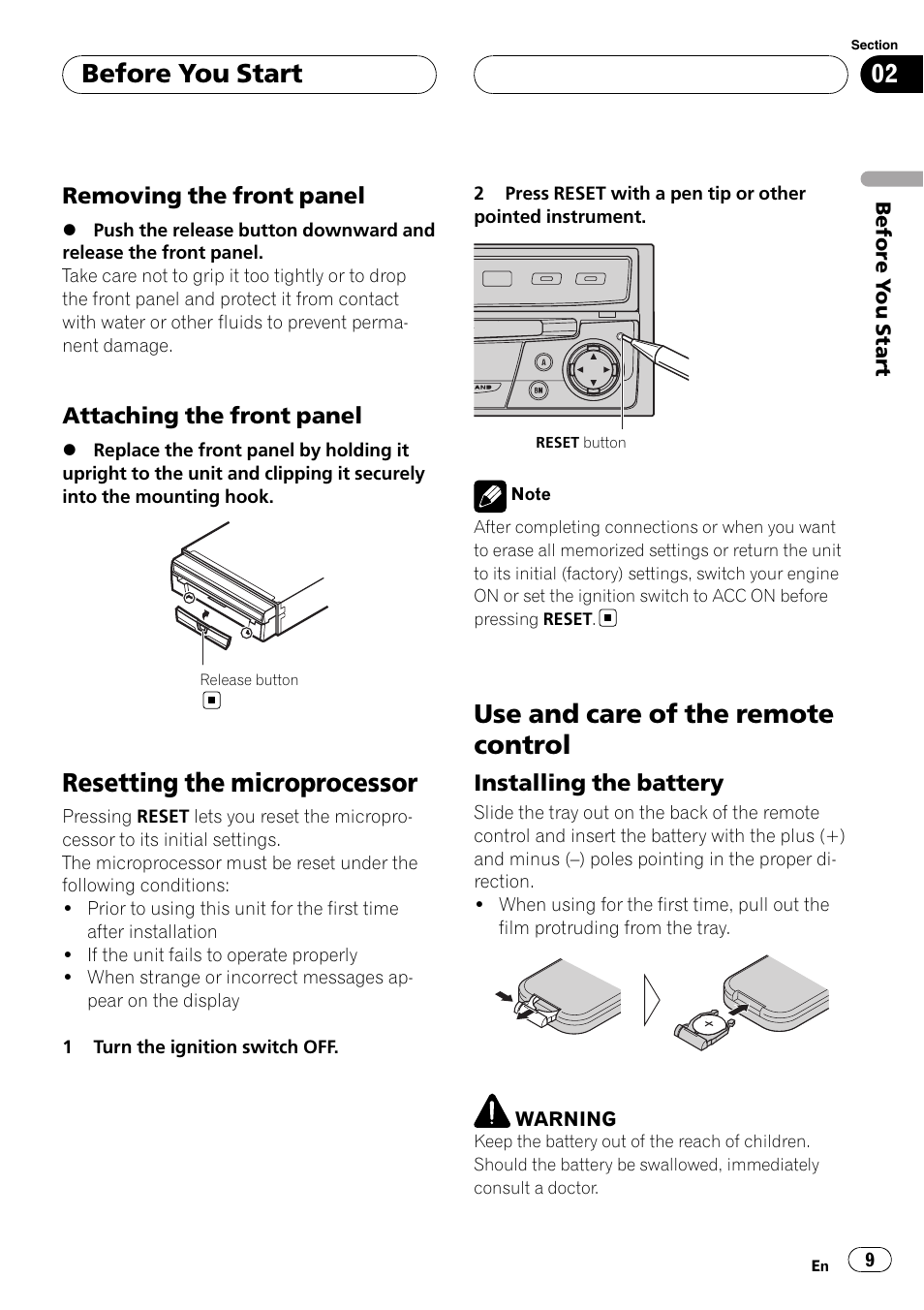 Resetting the microprocessor, Use and care of the remote control, Before you start | Pioneer Super Tuner III D AVH-P4950DVD User Manual | Page 9 / 85