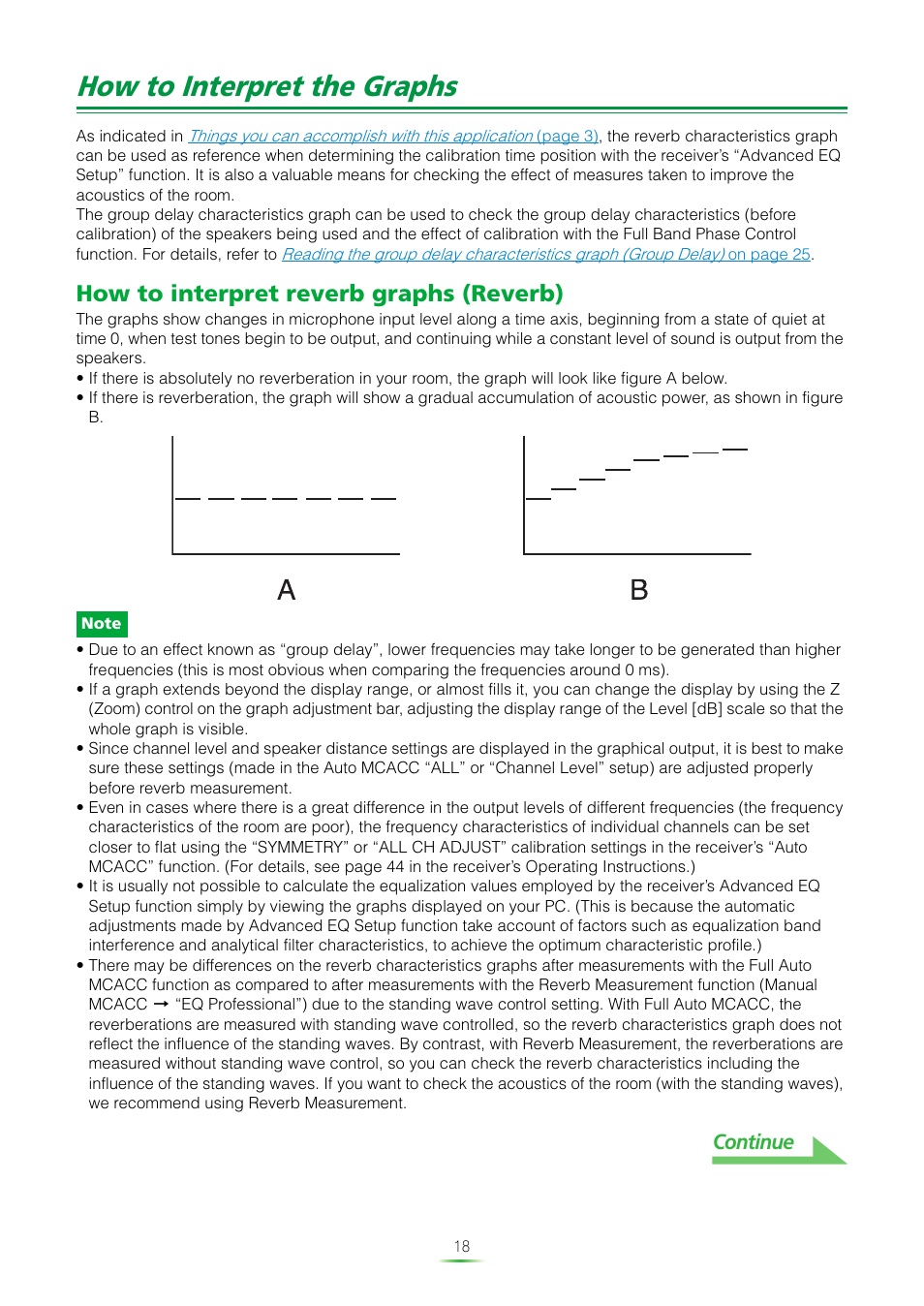 How to interpret the graphs, How to interpret reverb graphs (reverb), Continue | Pioneer SC-07 User Manual | Page 18 / 38