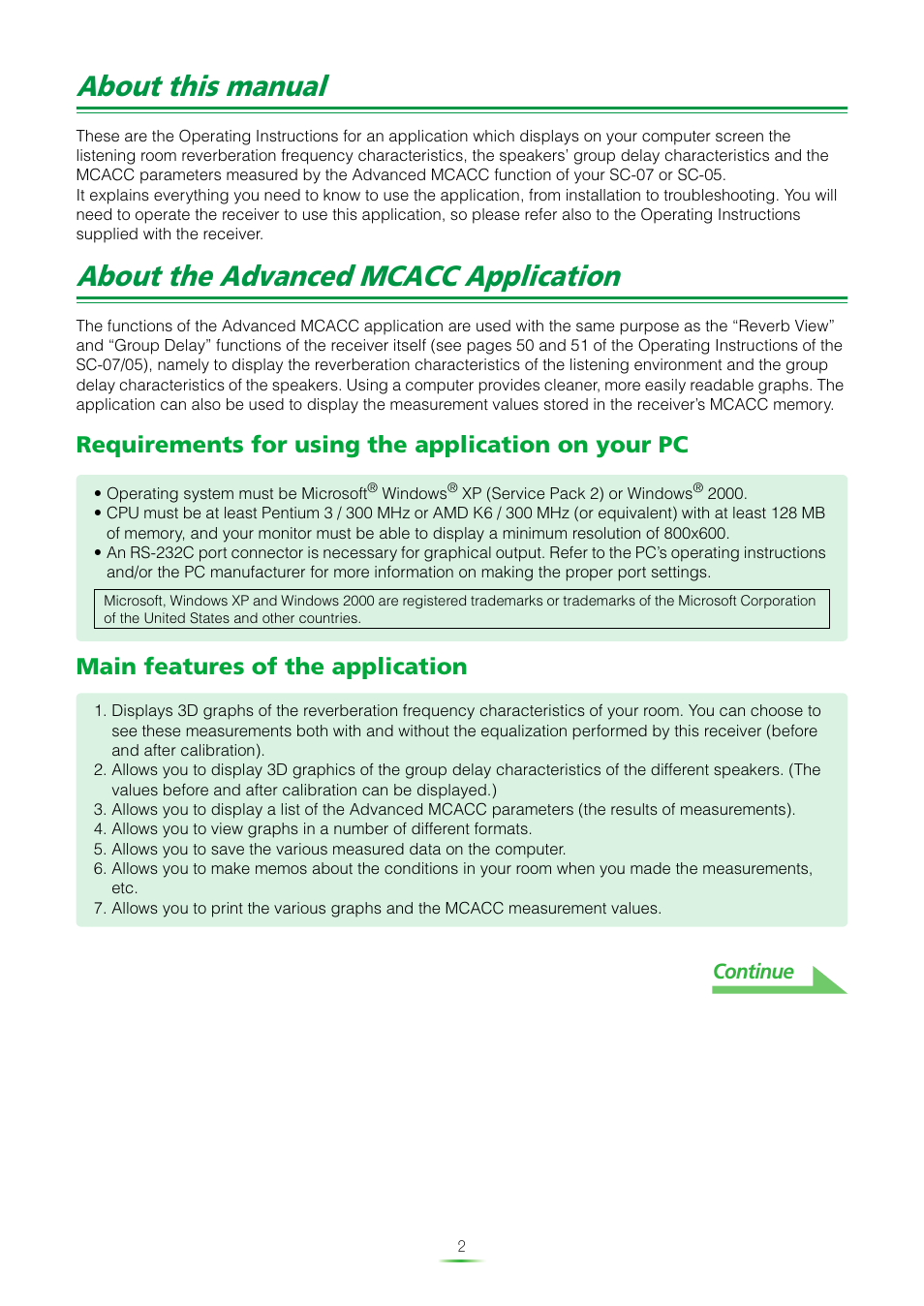 About this manual, About the advanced mcacc application, Requirements for using the application on your pc | Main features of the application, Continue | Pioneer SC-07 User Manual | Page 2 / 38