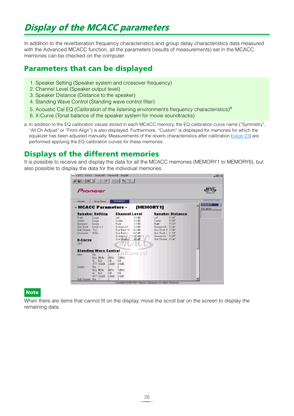 Display of the mcacc parameters, Parameters that can be displayed, Displays of the different memories | Pioneer SC-07 User Manual | Page 26 / 38