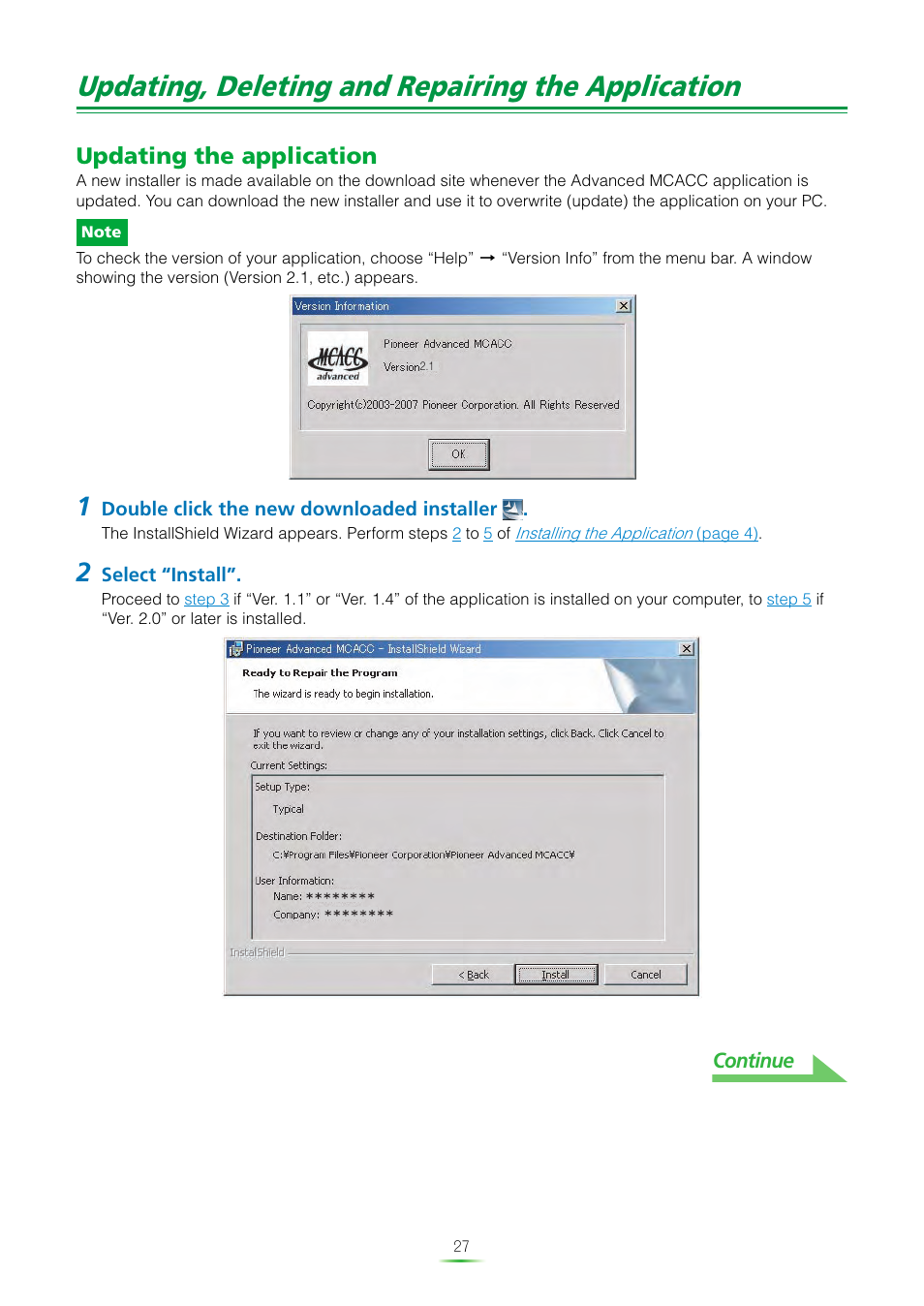 Updating, deleting and repairing the application, Updating the application | Pioneer SC-07 User Manual | Page 27 / 38