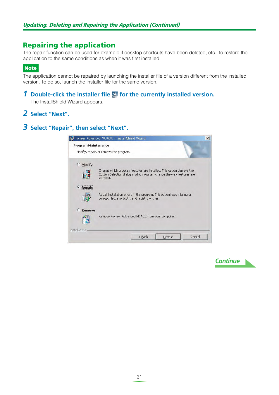 Repairing the application | Pioneer SC-07 User Manual | Page 31 / 38