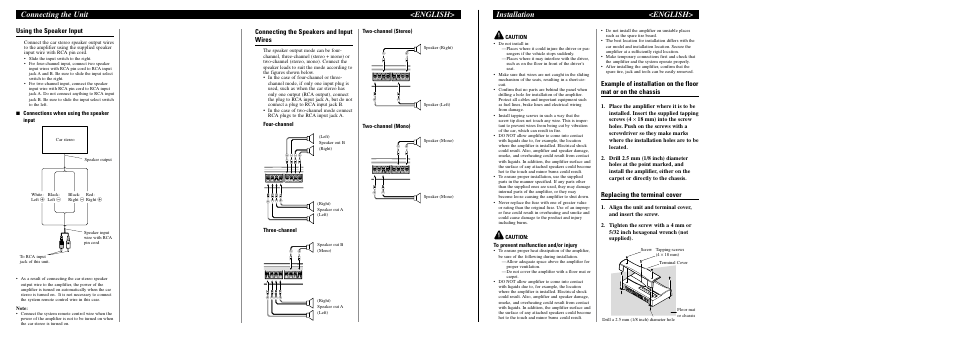 Connecting the unit <english, Installation <english, Using the speaker input | Connecting the speakers and input wires, Replacing the terminal cover | Pioneer PRS-D4000F User Manual | Page 3 / 8