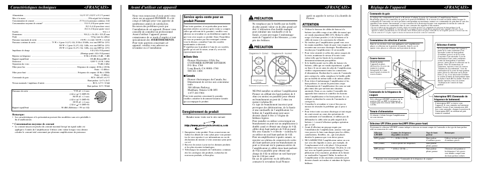 Réglage de l’appareil <français, Avant d’utiliser cet appareil <français, Caractéristiques techniques <français | Précaution, Attention, Enregistrement du produit, Service après-vente pour un produit pioneer, 7 etats-unis, 7 canada | Pioneer PRS-D4000F User Manual | Page 4 / 8