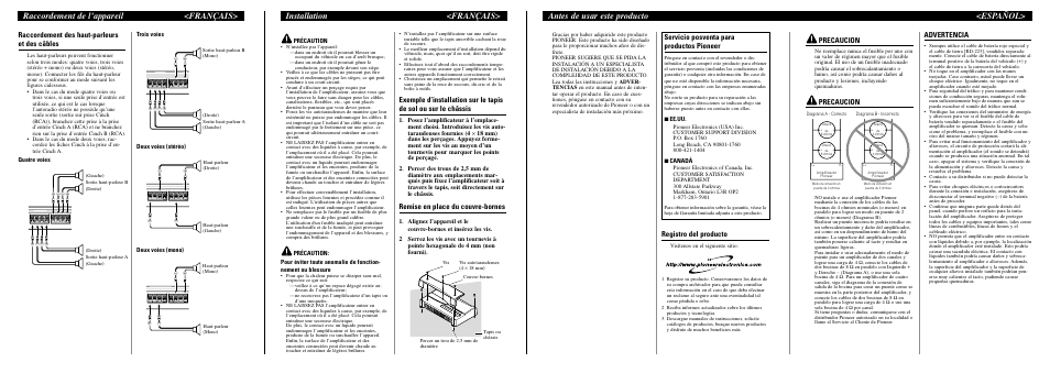 Antes de usar este producto <español, Installation <français, Raccordement de l’appareil <français | Precaucion, Advertencia, Registro del producto, Remise en place du couvre-bornes, Servicio posventa para productos pioneer, Raccordement des haut-parleurs et des câbles, Précaution | Pioneer PRS-D4000F User Manual | Page 6 / 8