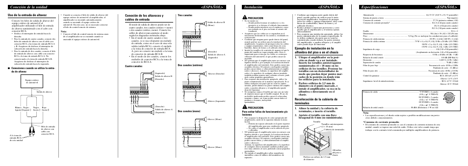 Especificaciones <español, Instalación <español, Conexión de la unidad <español | Recolocación de la cubierta de terminales, Conexión de los altavoces y cables de entrada, Uso de la entrada de altavoz, Precaucion | Pioneer PRS-D4000F User Manual | Page 8 / 8