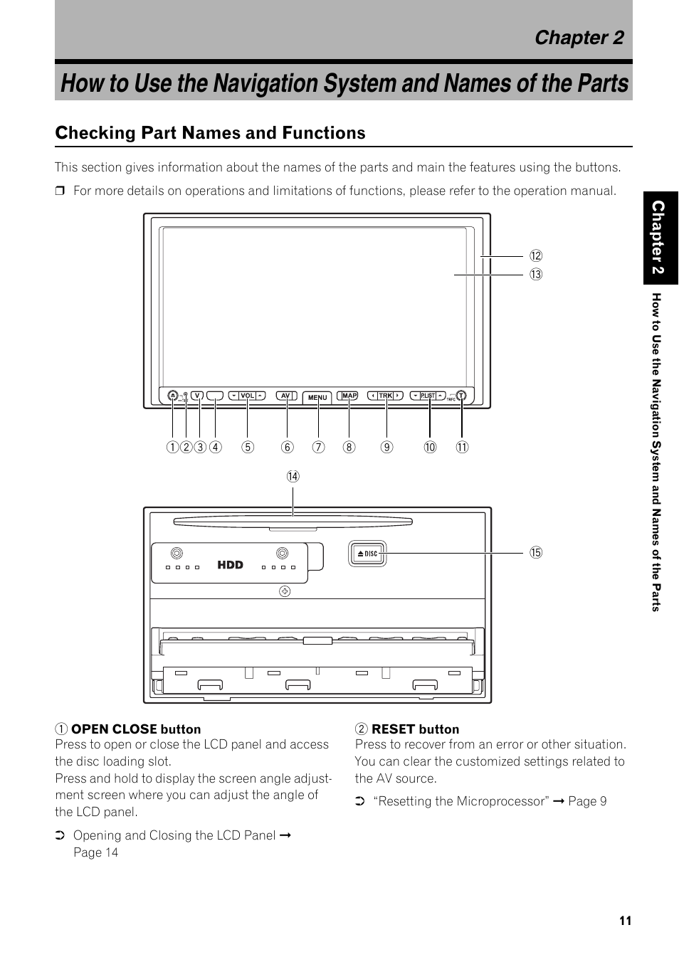 Chapter 2, Checking part names and functions 11, Checking part names and functions | Pioneer SUPER TUNER III AVIC-Z3 User Manual | Page 13 / 24