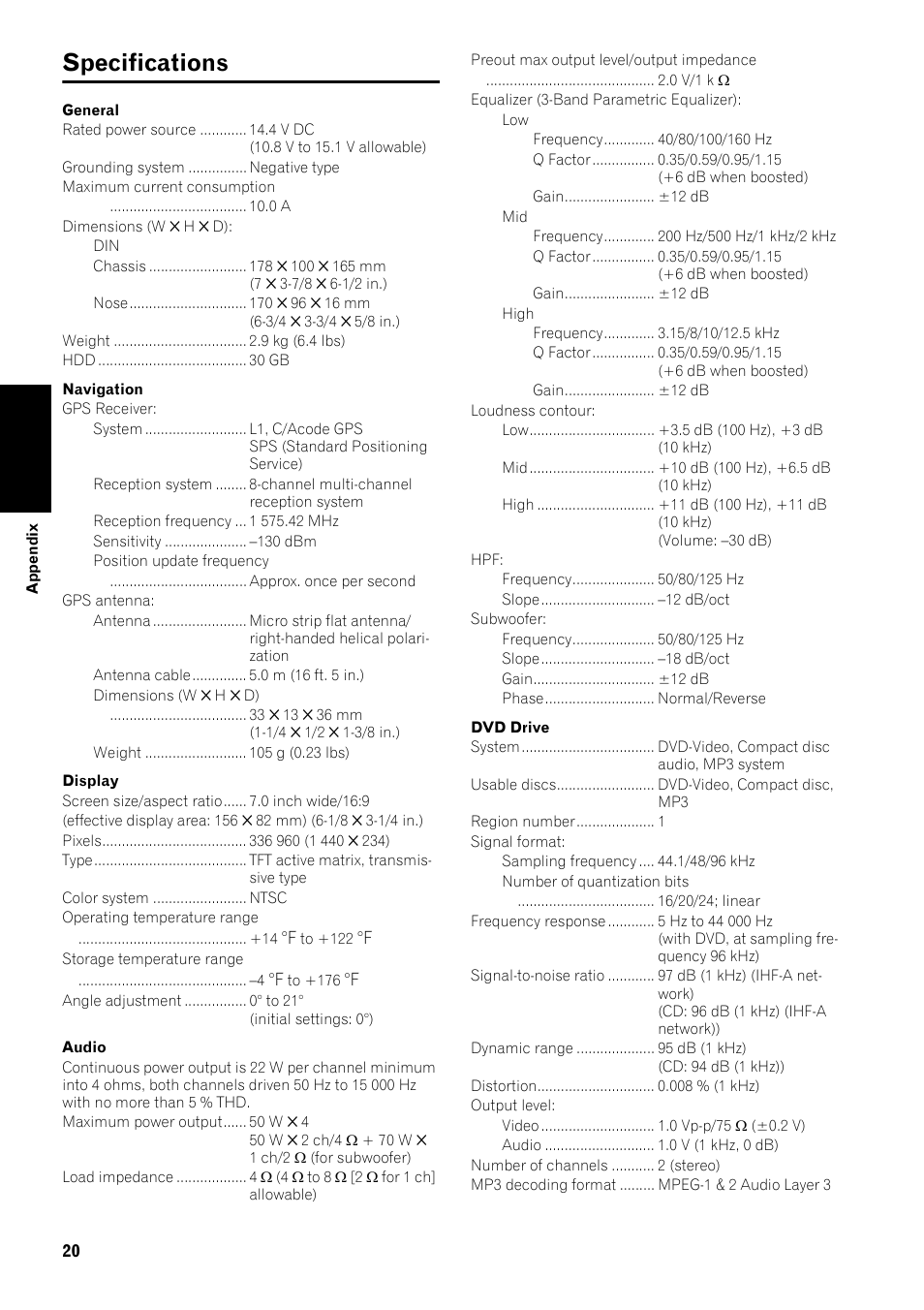 Specifications 20, Specifications | Pioneer SUPER TUNER III AVIC-Z3 User Manual | Page 22 / 24