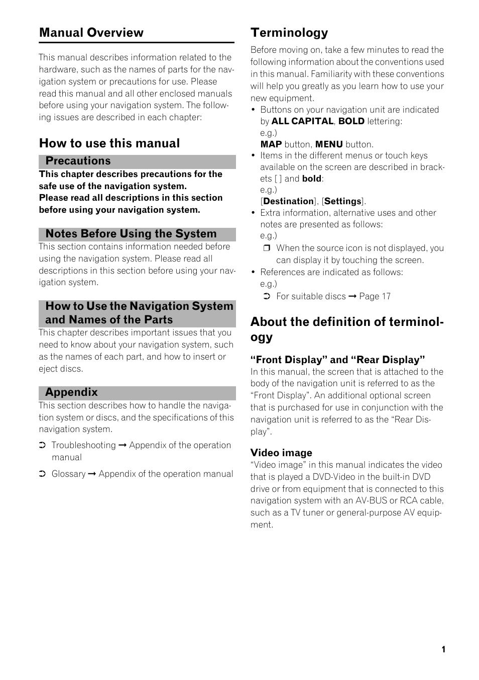 Manual overview 1, How to use this manual 1, Terminology 1 | About the definition of terminology 1, Manual overview, How to use this manual, Terminology, About the definition of terminol- ogy | Pioneer SUPER TUNER III AVIC-Z3 User Manual | Page 3 / 24
