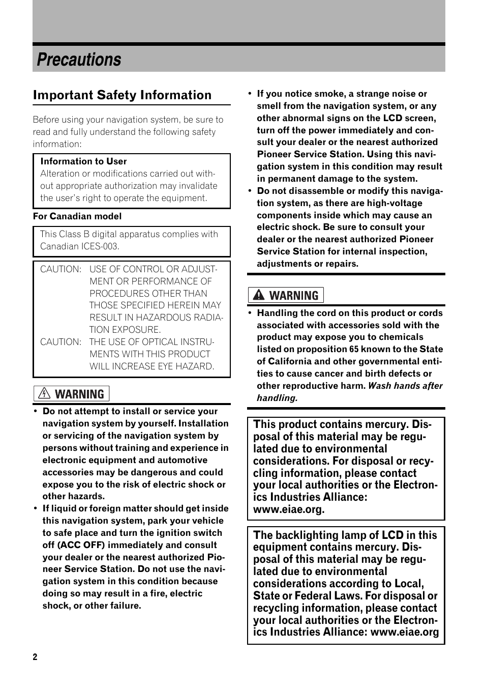 Precautions, Important safety information 2, Important safety information | Pioneer SUPER TUNER III AVIC-Z3 User Manual | Page 4 / 24