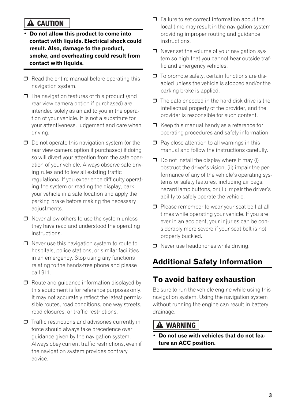 Additional safety information 3, To avoid battery exhaustion 3 | Pioneer SUPER TUNER III AVIC-Z3 User Manual | Page 5 / 24