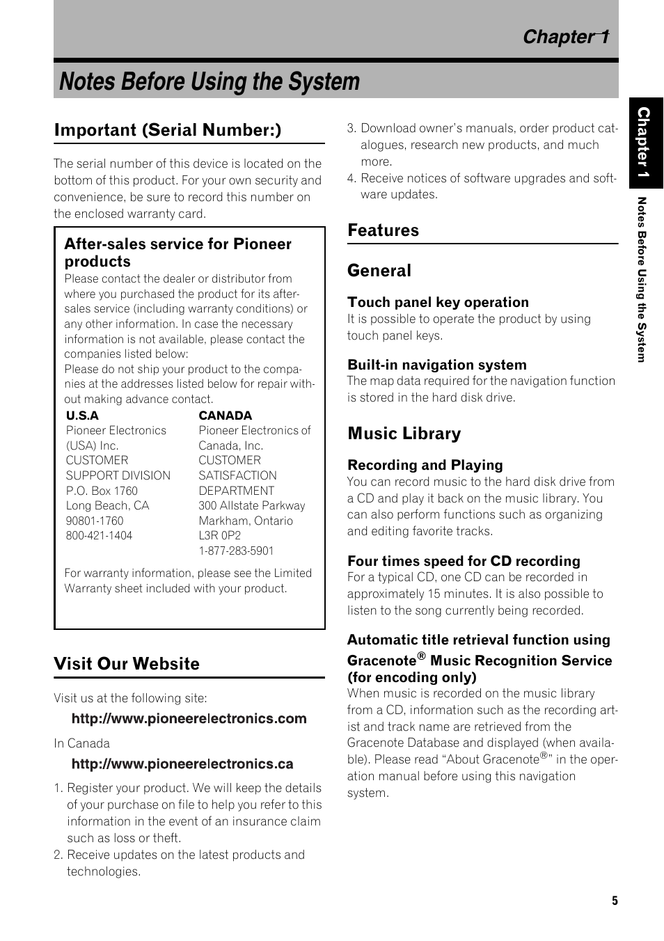 Chapter 1, Notes before using the system, Important (serial number:) 5 | After-sales service for pioneer products 5, Visit our website 5 features 5, General 5, Music library 5, Important (serial number:), Visit our website, Features general | Pioneer SUPER TUNER III AVIC-Z3 User Manual | Page 7 / 24