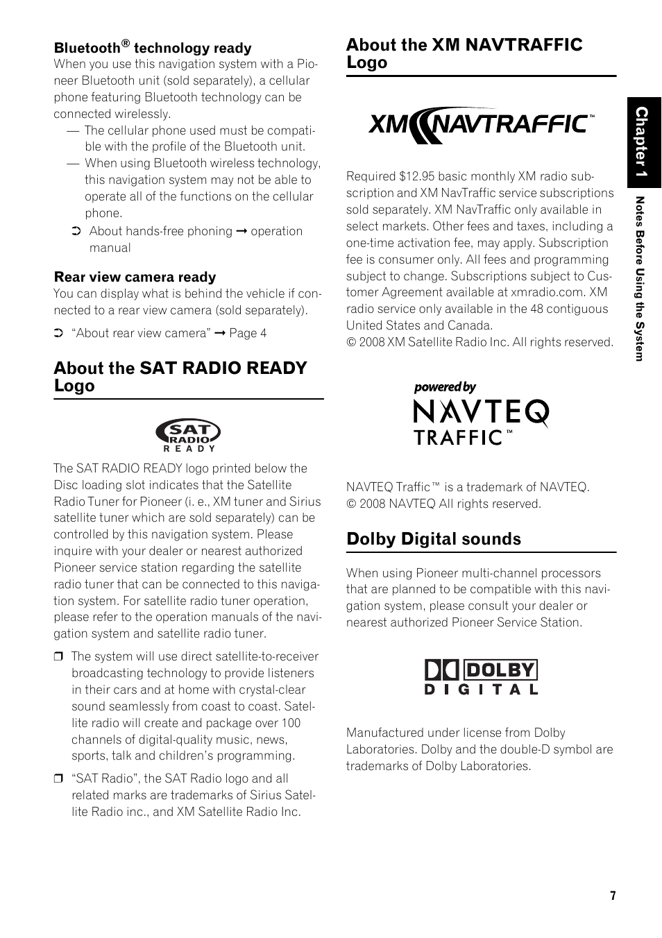 About the sat radio ready logo, About the xm navtraffic logo, Dolby digital sounds | Pioneer SUPER TUNER III AVIC-Z3 User Manual | Page 9 / 24