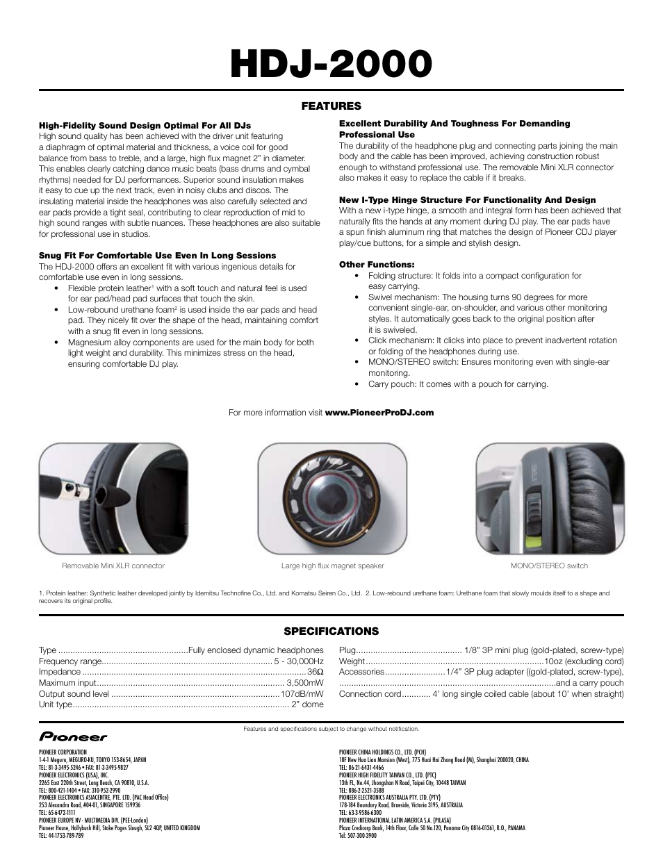 Hdj-2000, Features specifications | Pioneer HDJ-2000 User Manual | Page 2 / 2