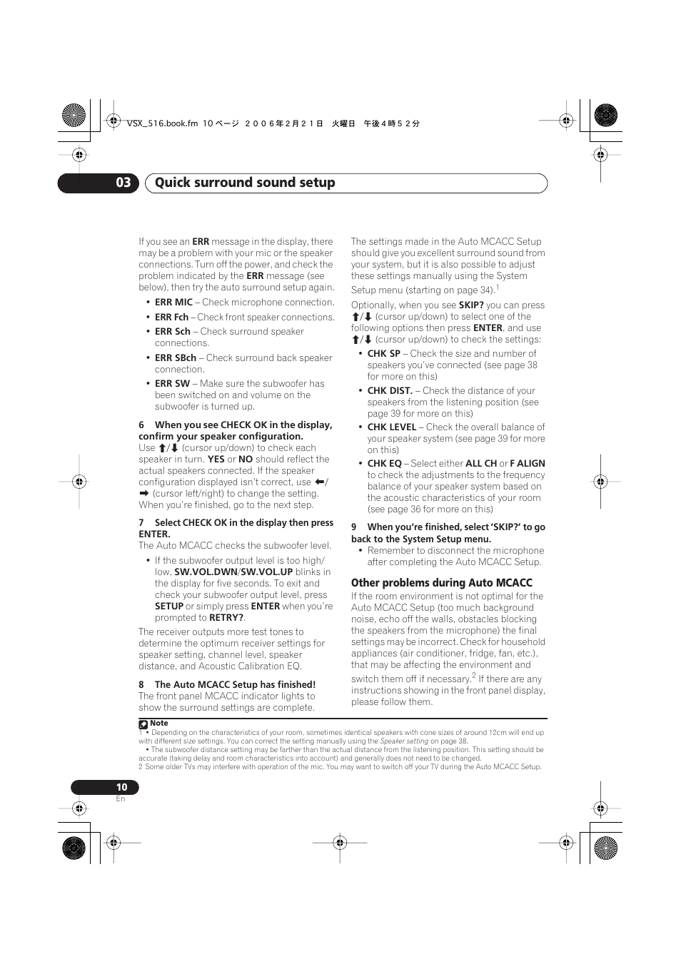 Other problems during auto mcacc, Quick surround sound setup 03 | Pioneer VSX-416-S/-K User Manual | Page 10 / 55