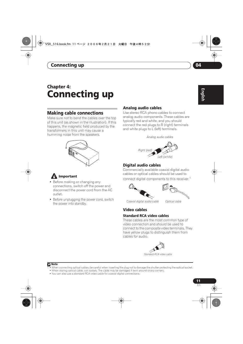 04 connecting up, Making cable connections, Analog audio cables | Digital audio cables, Video cables, Connecting up, Connecting up 04, Chapter 4 | Pioneer VSX-416-S/-K User Manual | Page 11 / 55