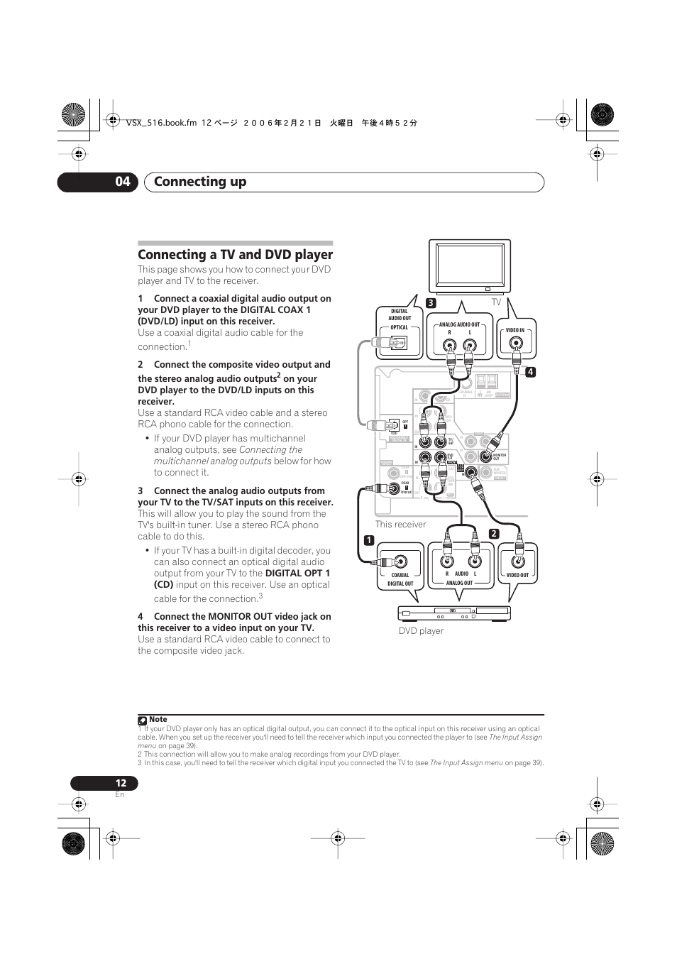 Connecting a tv and dvd player, Connecting up 04, Connecting the multichannel analog outputs | Below for how to connect it, Digital opt 1 (cd) | Pioneer VSX-416-S/-K User Manual | Page 12 / 55