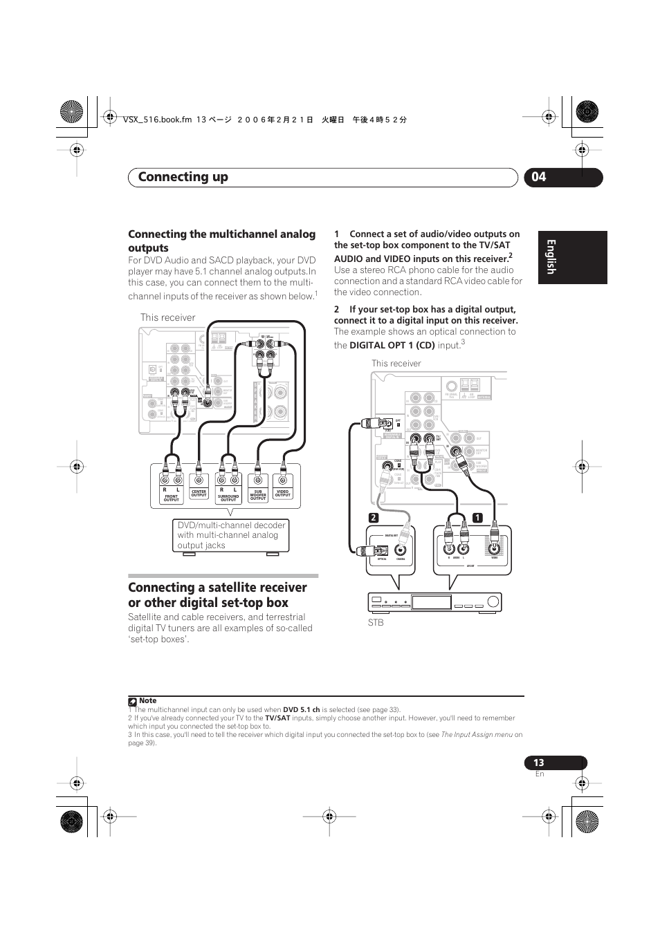 Connecting the multichannel analog outputs, Connecting up 04, This receiver | Inputs of the receiver as shown below, The example shows an optical connection to the, Digital opt 1 (cd), Input, Stb this receiver | Pioneer VSX-416-S/-K User Manual | Page 13 / 55