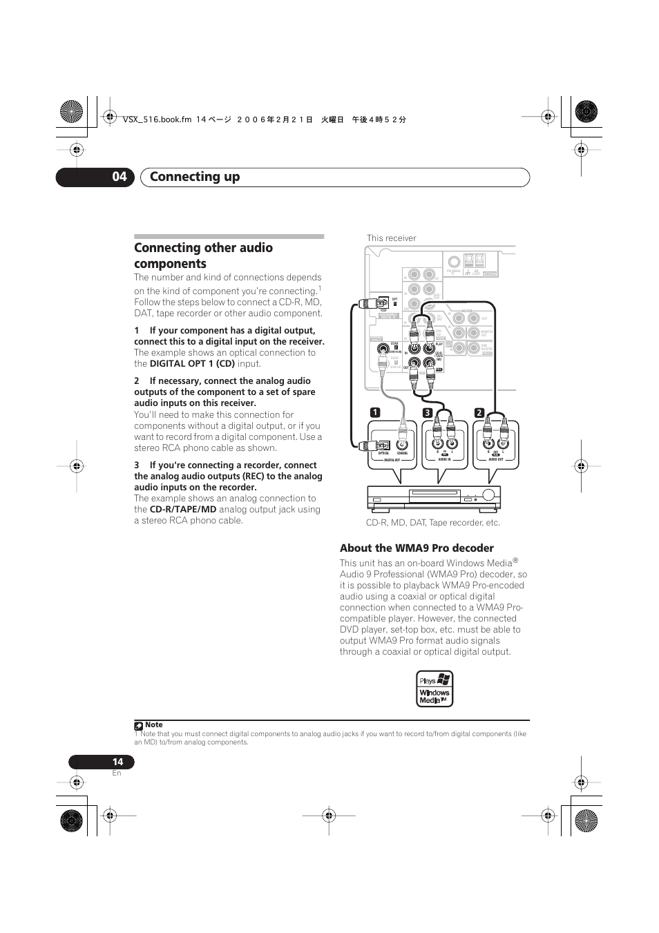 Connecting other audio components, About the wma9 pro decoder, Connecting up 04 | The example shows an optical connection to the, Digital opt 1 (cd), Input, The example shows an analog connection to the, Cd-r/tape/md, Analog output jack using a stereo rca phono cable, This unit has an on-board windows media | Pioneer VSX-416-S/-K User Manual | Page 14 / 55