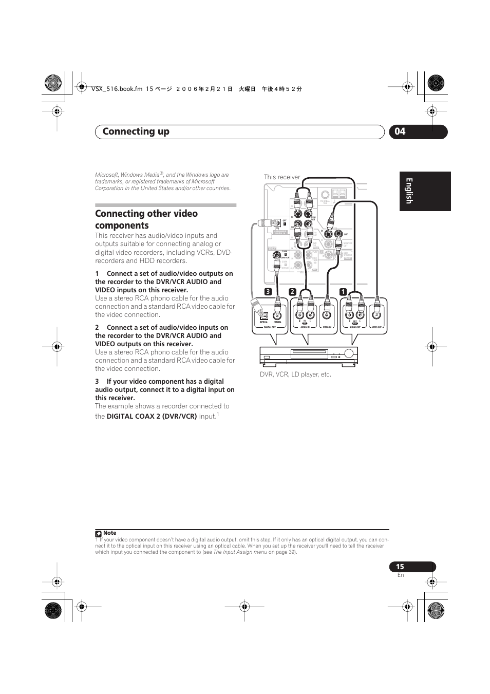 Connecting other video components, Connecting up 04, The example shows a recorder connected to the | Digital coax 2 (dvr/vcr), Input, Dvr, vcr, ld player, etc, 32 1 this receiver | Pioneer VSX-416-S/-K User Manual | Page 15 / 55