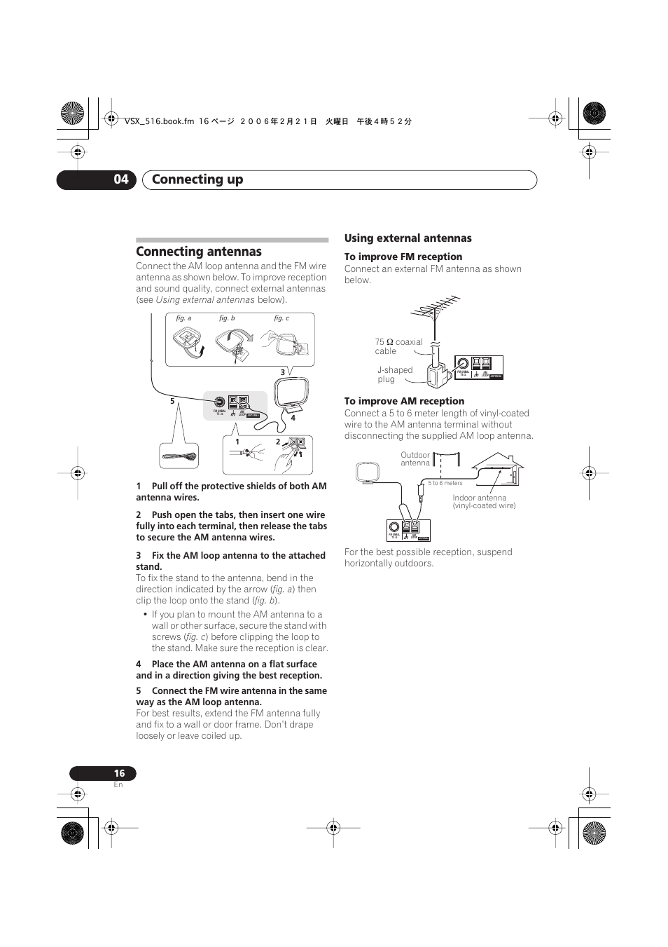 Connecting antennas, Using external antennas, Connecting up 04 | Pioneer VSX-416-S/-K User Manual | Page 16 / 55