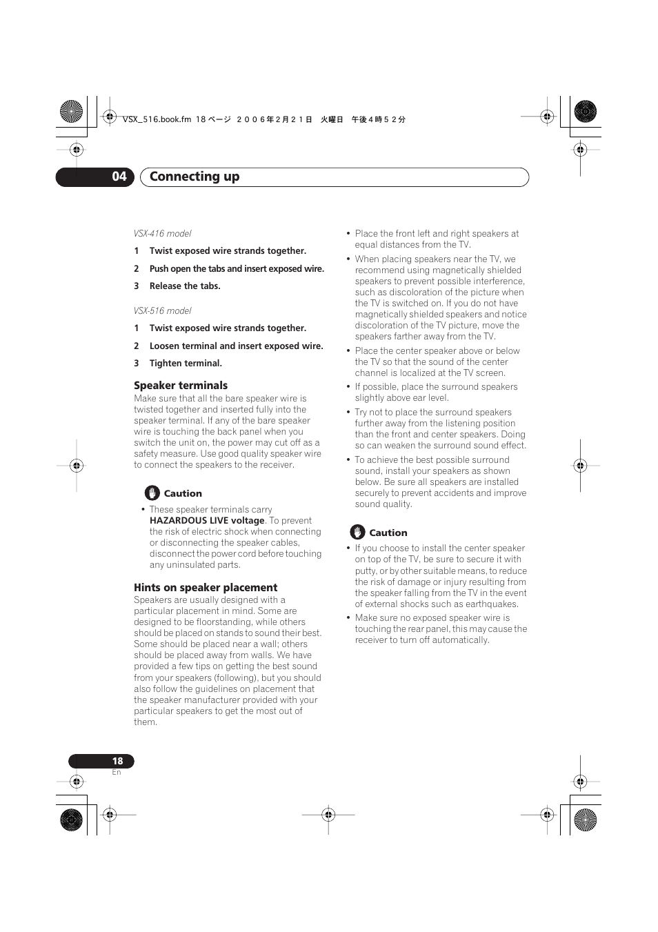 Speaker terminals, Hints on speaker placement, Connecting up 04 | Pioneer VSX-416-S/-K User Manual | Page 18 / 55