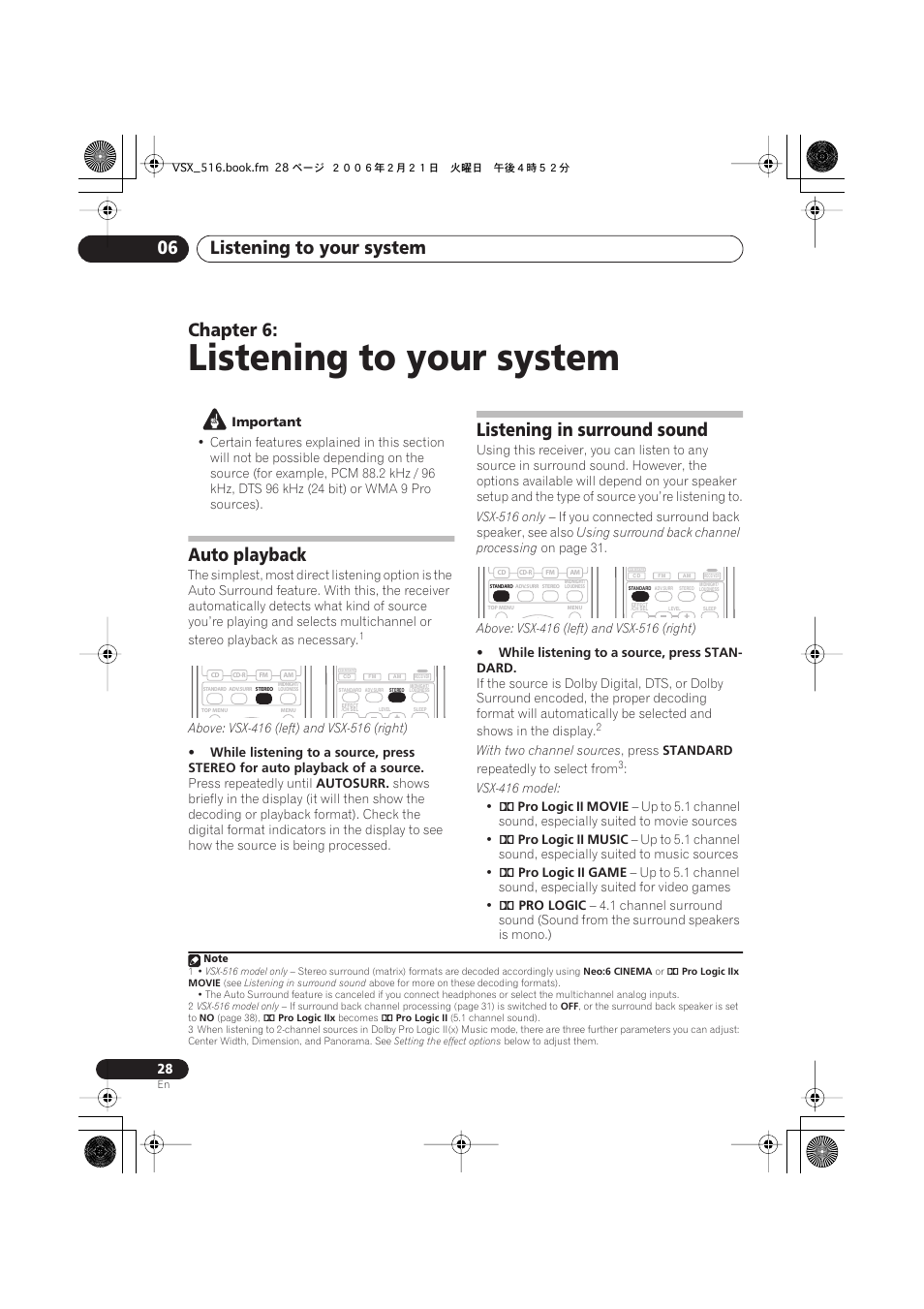 06 listening to your system, Auto playback, Listening in surround sound | Listening to your system, Listening to your system 06, Chapter 6 | Pioneer VSX-416-S/-K User Manual | Page 28 / 55