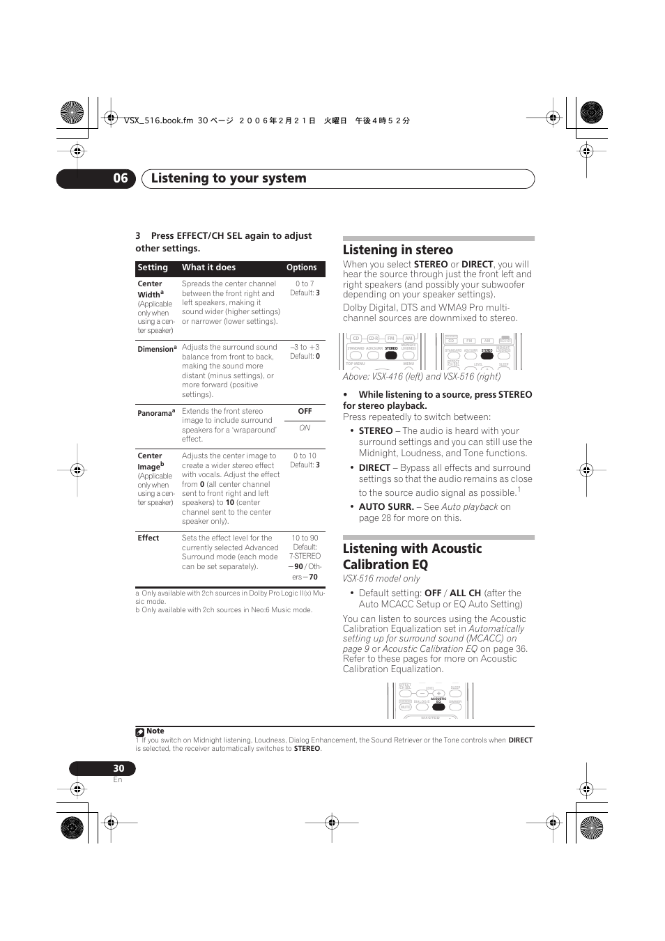 Listening in stereo, Listening with acoustic calibration eq, Listening to your system 06 | Pioneer VSX-416-S/-K User Manual | Page 30 / 55