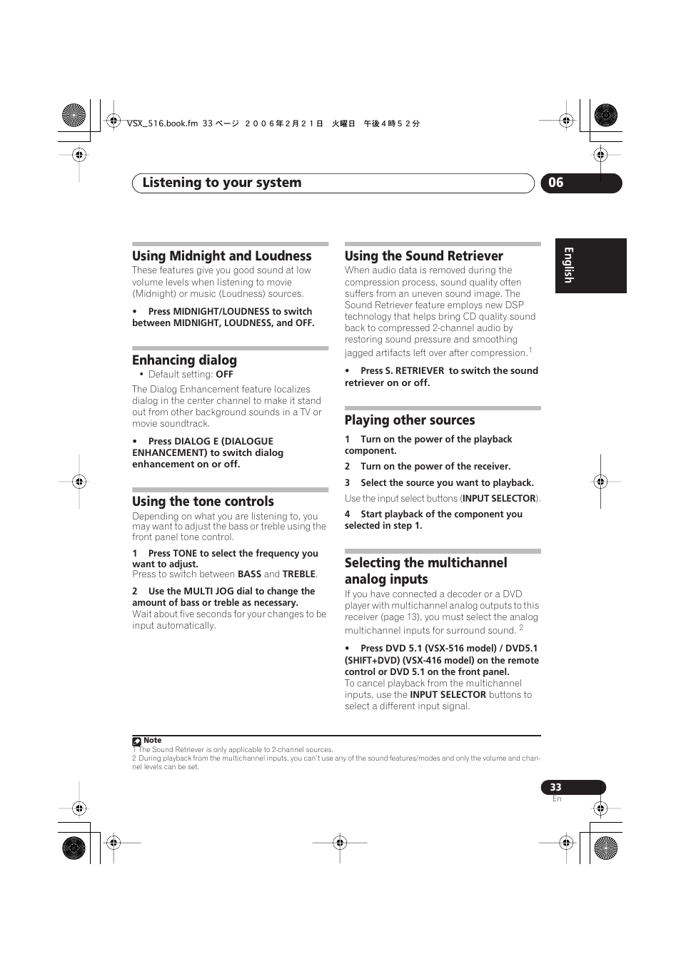 Using midnight and loudness, Enhancing dialog, Using the tone controls | Using the sound retriever, Playing other sources, Selecting the multichannel analog inputs, Listening to your system 06 | Pioneer VSX-416-S/-K User Manual | Page 33 / 55