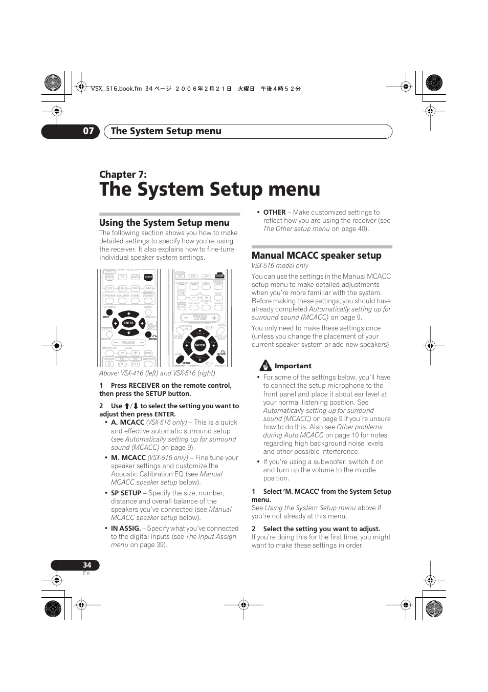 07 the system setup menu, Using the system setup menu, Manual mcacc speaker setup | The system setup menu, The system setup menu 07, Chapter 7 | Pioneer VSX-416-S/-K User Manual | Page 34 / 55