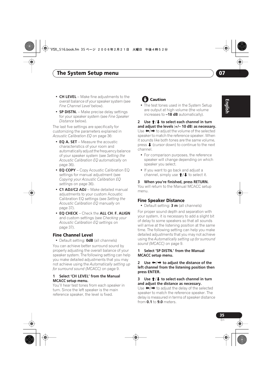 Fine channel level, Fine speaker distance, The system setup menu 07 | Pioneer VSX-416-S/-K User Manual | Page 35 / 55