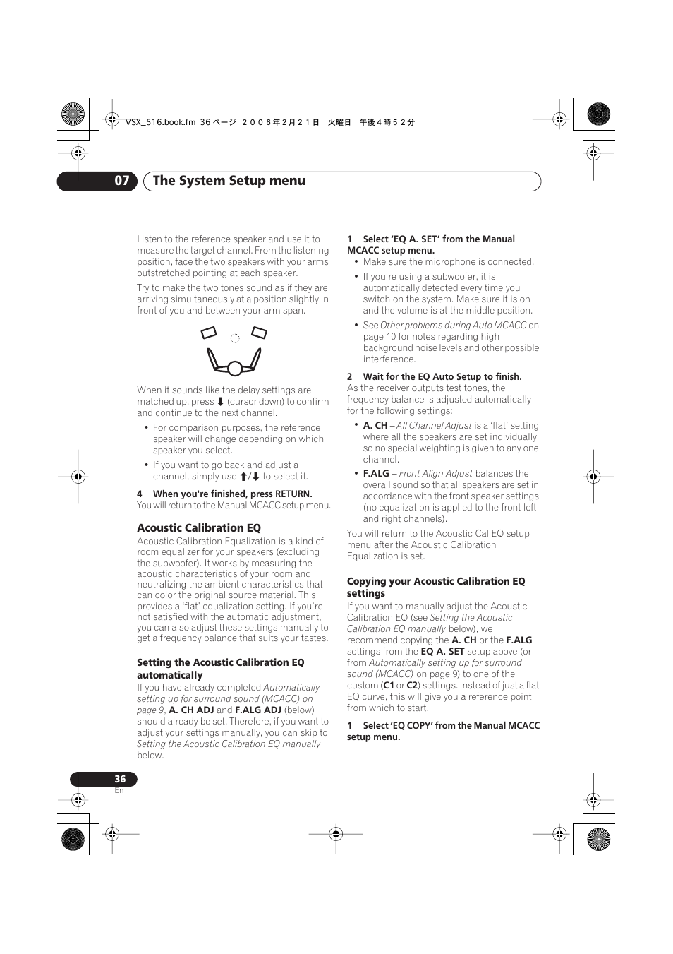 Acoustic calibration eq, The system setup menu 07 | Pioneer VSX-416-S/-K User Manual | Page 36 / 55