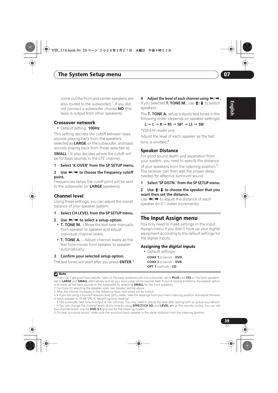 Crossover network, Channel level, Speaker distance | The input assign menu, The system setup menu 07 | Pioneer VSX-416-S/-K User Manual | Page 39 / 55