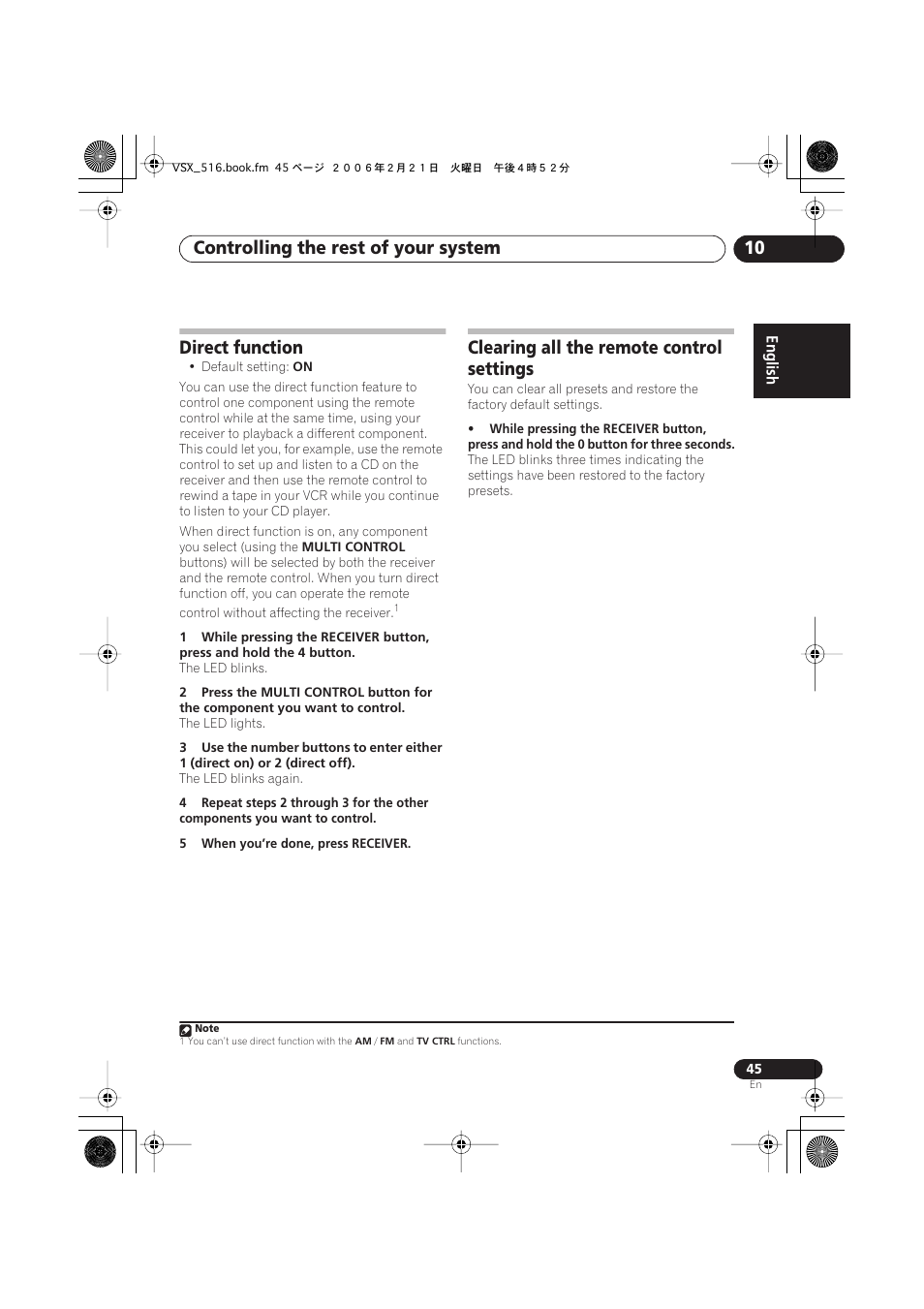 Direct function, Clearing all the remote control settings, Controlling the rest of your system 10 | Pioneer VSX-416-S/-K User Manual | Page 45 / 55